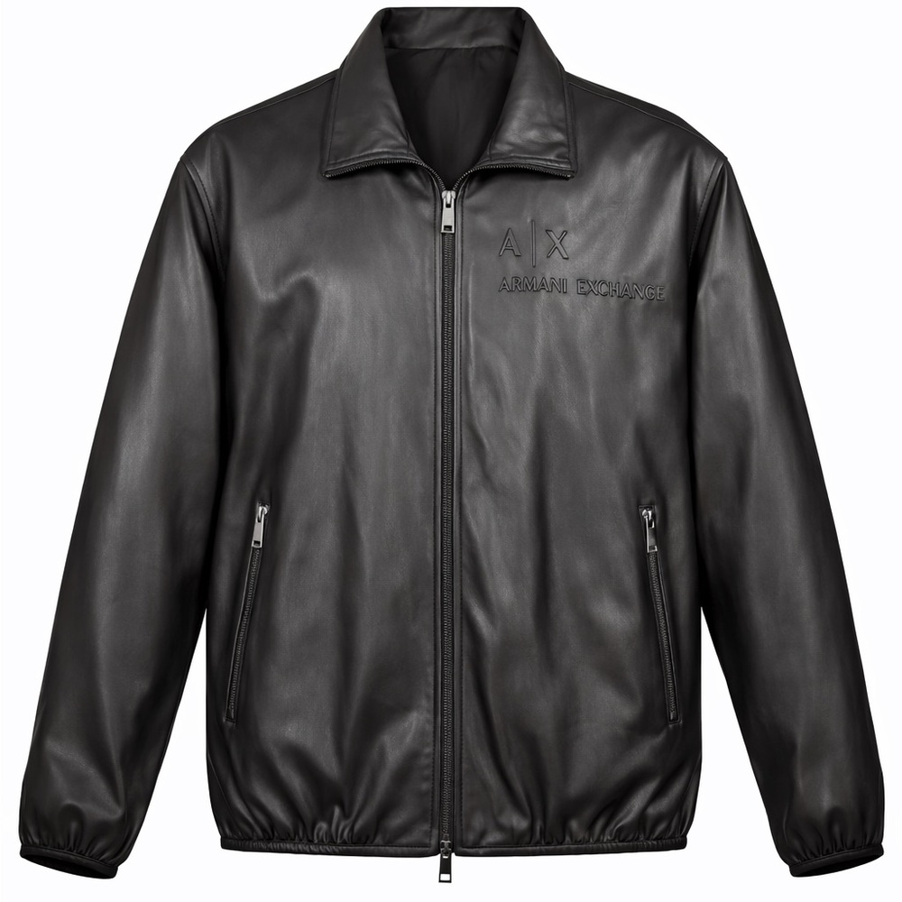 Armani Exchange A|X Mens Black Faux Leather Embossed Jacket Bomber L Authentic